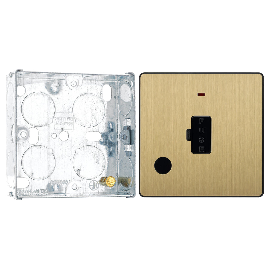 BG Evolve Satin Brass 13A Unswitched Spur with Neon and Flex Outlet PCDSB54B with 25mm Steel Back Box