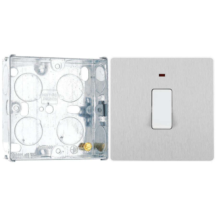 BG Evolve Brushed Steel 20A 2 Pole LED Switch PCDBS31W with 25mm Steel Back Box