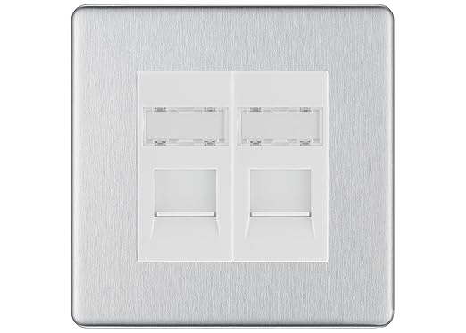 BG Screwless Brushed Steel 2 Gang RJ45 Data Socket FBSRJ452W White Inserts