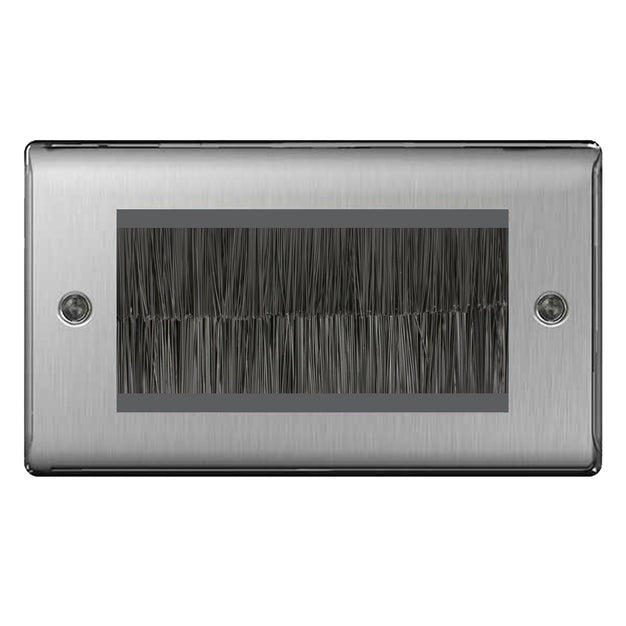 BG Brushed Steel Satin Double 4 Gang Brush Cable Entry Wall Plate Black