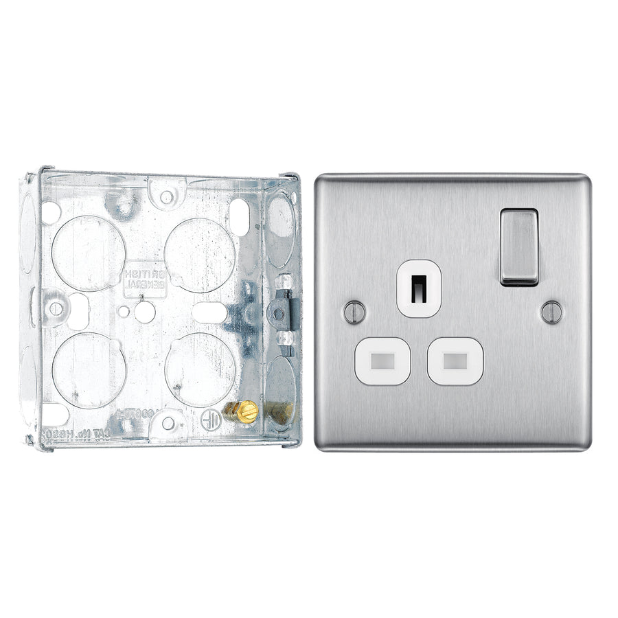 BG Nexus Metal Brushed Steel 13A Single Socket NBS21W with 25mm Steel Back Box