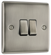 NBI42 Front -  This brushed Iridium finish 20A 16AX double light switch from British General can operate 2 different lights whilst the 2 way switching allows a second switch to be added to the circuit to operate the same light from another location (e.g. at the top and bottom of the stairs).