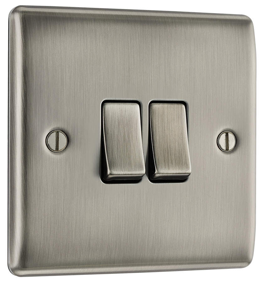 NBI42 Front -  This brushed Iridium finish 20A 16AX double light switch from British General can operate 2 different lights whilst the 2 way switching allows a second switch to be added to the circuit to operate the same light from another location (e.g. at the top and bottom of the stairs).