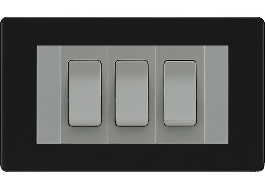 BG Matt Black Screwless 3 Gang Intermediate Light Switch Custom Grid - Grey Insert