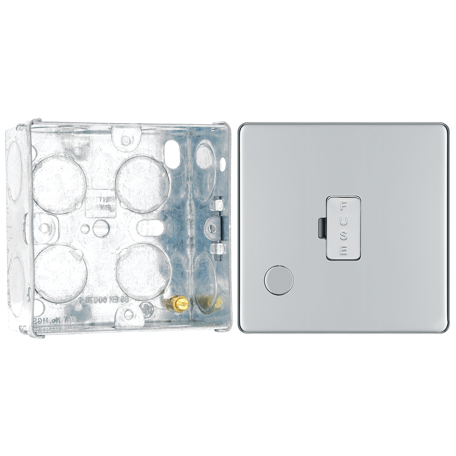 BG Screwless Polished Chrome 13A Unswitched Spur + Cable Outlet FPC55 with 35mm Steel Back Box