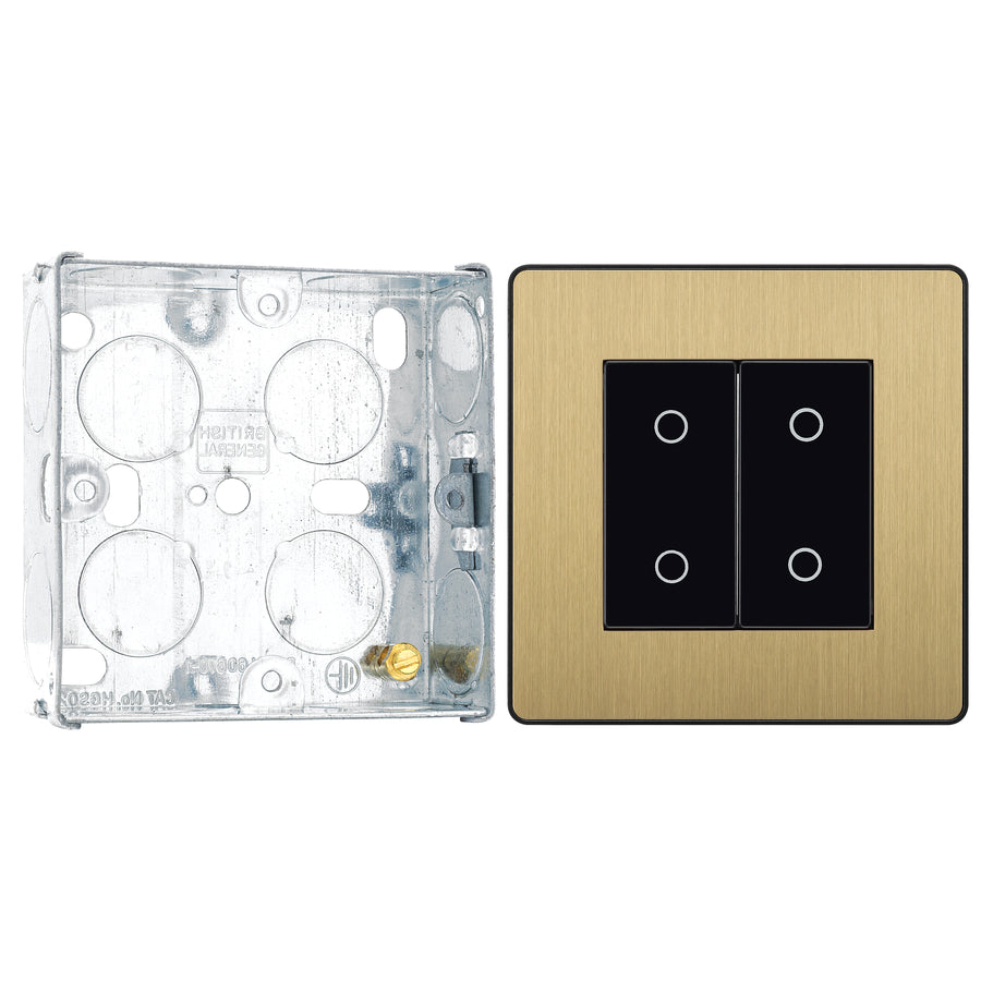 BG Evolve Satin Brass Double Master Touch Dimmer Switch PCDSBTDM2B with 25mm Steel Back Box