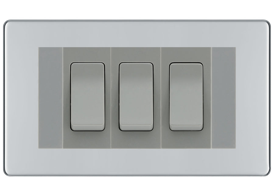 BG Polished Chrome Screwless 3G Switch 1x Intermediate 2x 2 Way Switch - Grey Insert