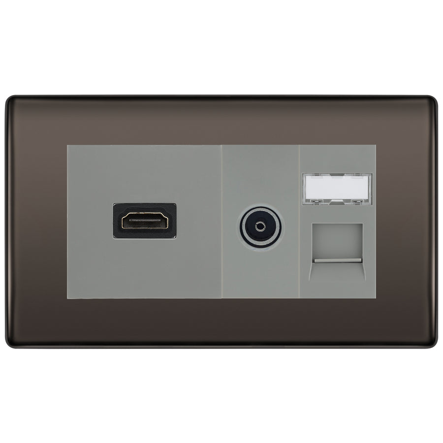 BG Nexus Black Nickel Media Wall Plate TV Aerial, HDMI & CAT6 Outlet - Grey Insert