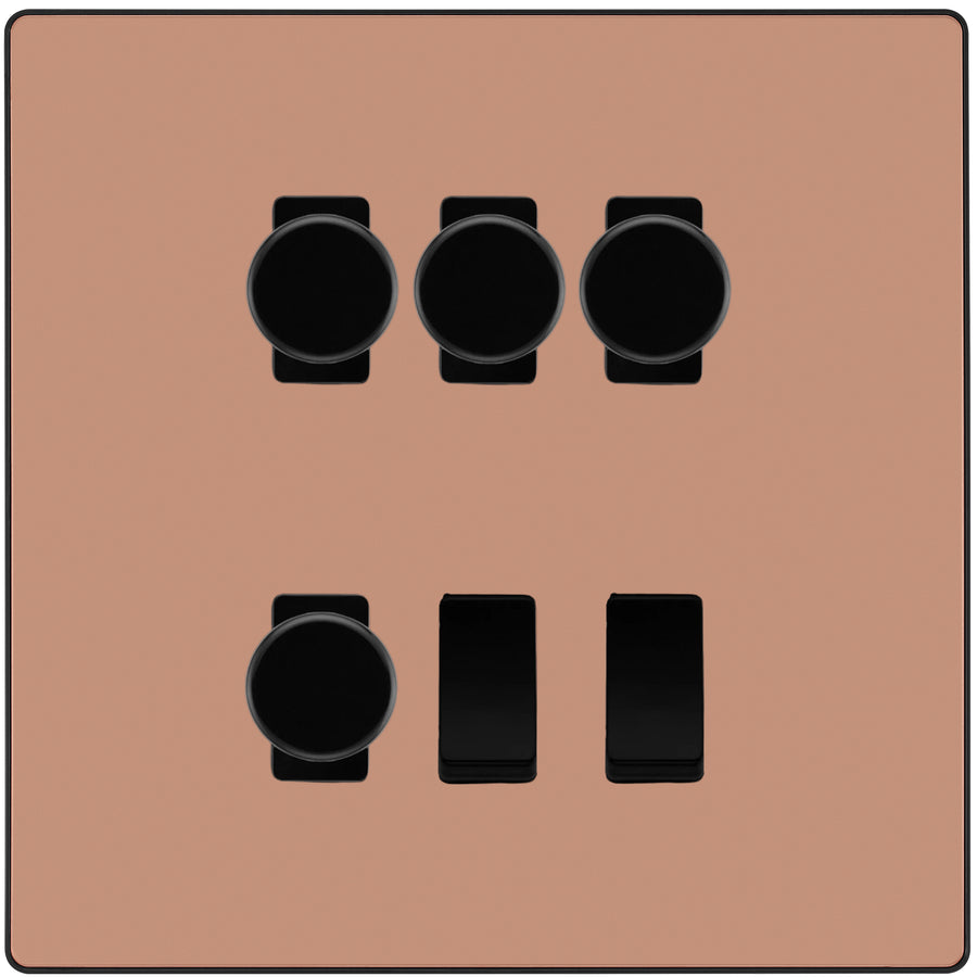 BG Evolve Polished Copper 6 Gang Switch 4x Trailing Edge LED Dimmer 2x Intermediate Custom Grid