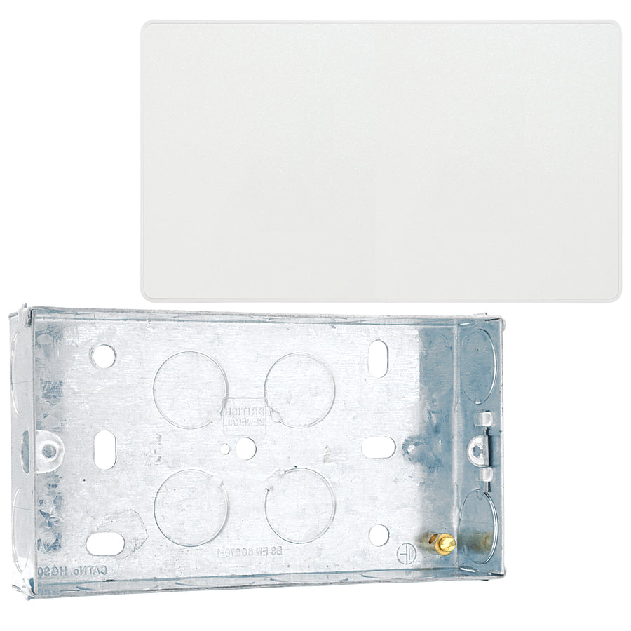 BG Evolve Pearlescent White 2 Gang Double Blank Plate PCDCL95W with 25mm Steel Back Box