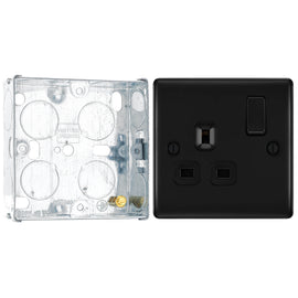 BG Nexus Matt Black 13A Single Switched Socket NFB21B with 25mm Steel Back Box