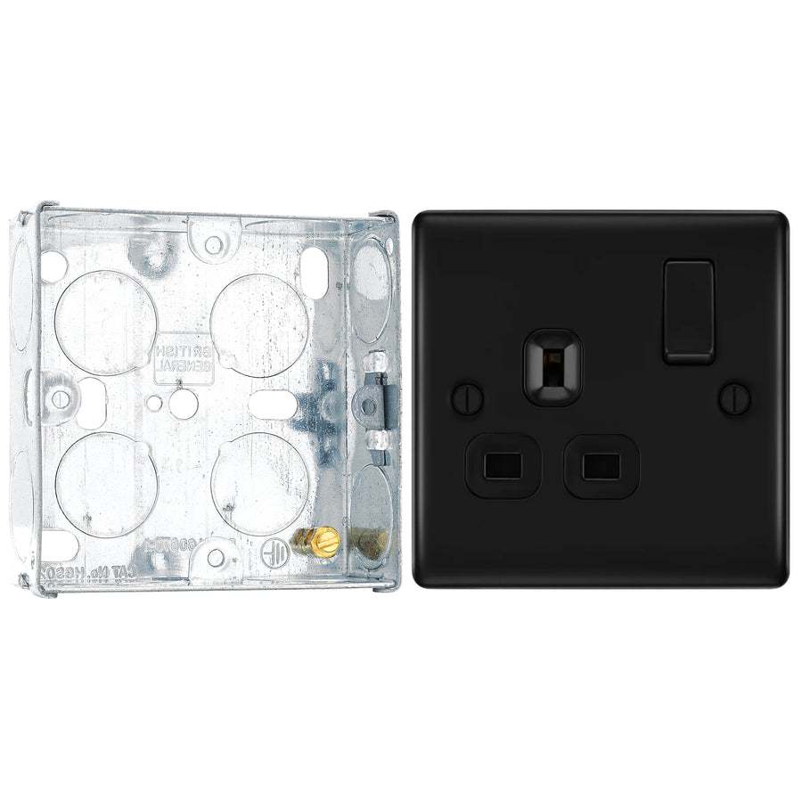 BG Nexus Matt Black 13A Single Switched Socket NFB21B with 25mm Steel Back Box