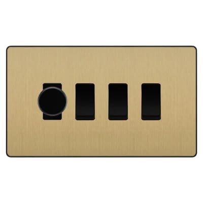 BG Evolve Satin Brass 4 Gang Switch 1x Trailing Edge LED Dimmer 3x Intermediate Custom Grid Switch