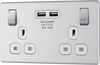 FBS22U3W Front - This completely screwless and slimline flat plate 13A double power socket from British General comes with two USB charging ports allowing you to plug in an electrical device and charge mobile devices simultaneously without having to sacrifice a power socket.