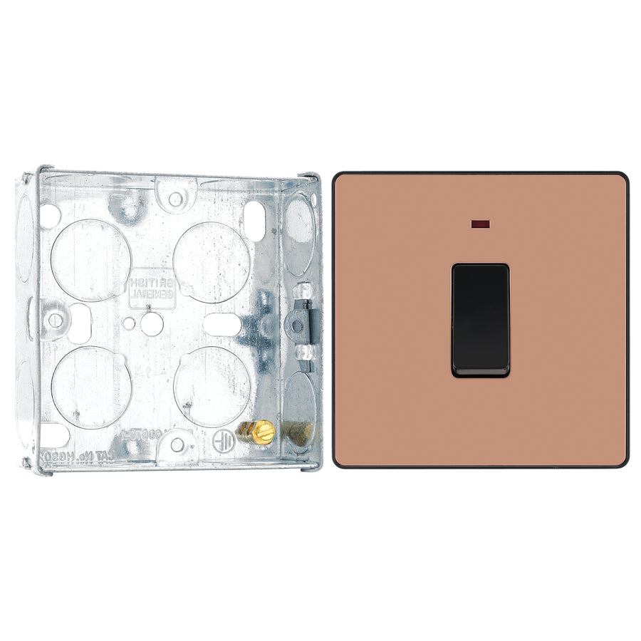 BG Evolve Polished Copper 20A Double Pole Switch with Neon PCDCP31B with 25mm Steel Back Box
