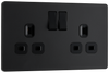 PCDMB22B Front - This Evolve Matt Black 13A double switched socket from British General has been designed with angled in line colour coded terminals and backed out captive screws for ease of installation, and fits a 25mm back box making it an ideal retro-fit replacement for existing sockets.