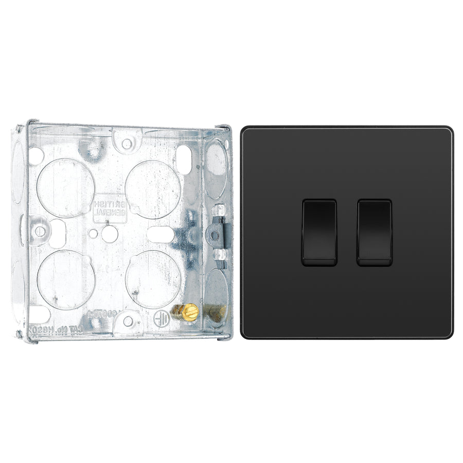 BG Evolve Black Chrome 2 Gang 20A 16AX 2 Way Light Switch PCDBC42B with 25mm Steel Back Box