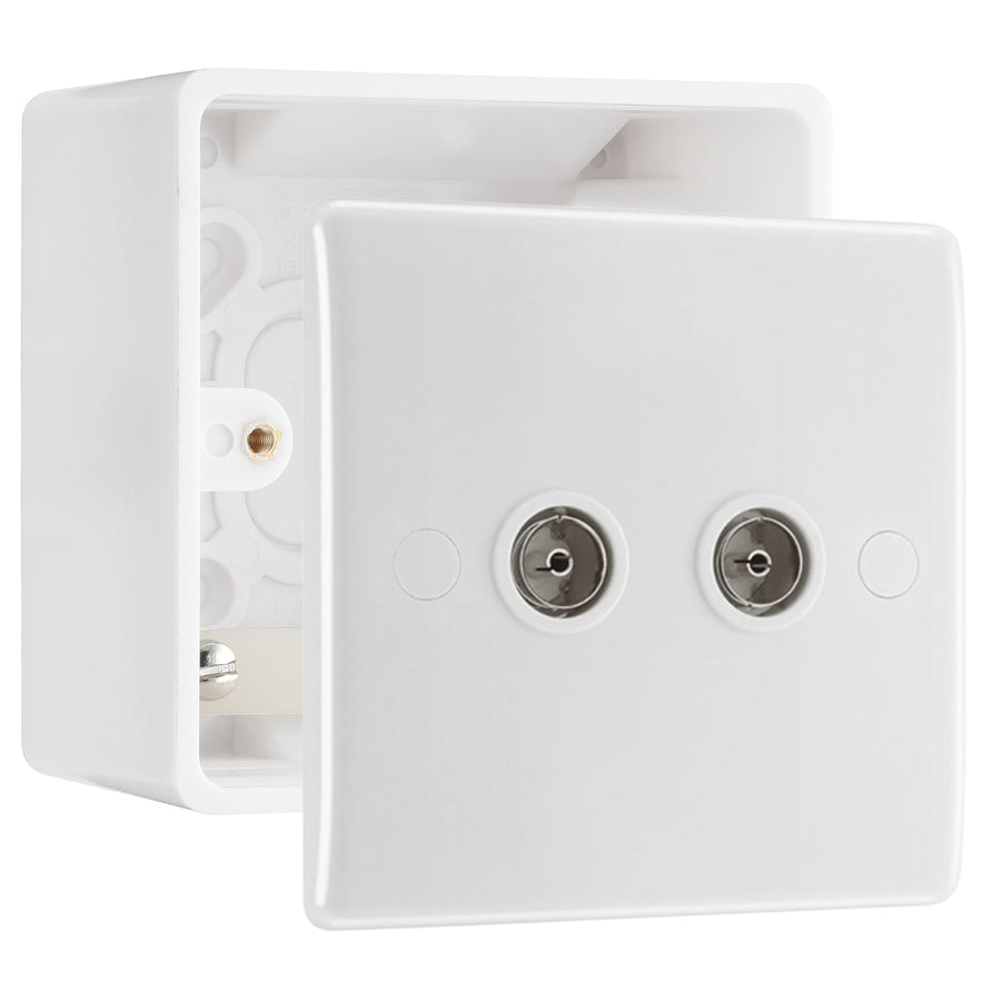 BG Electrical Double TV Aerial Socket White Moulded & 50mm Pattress Back Box