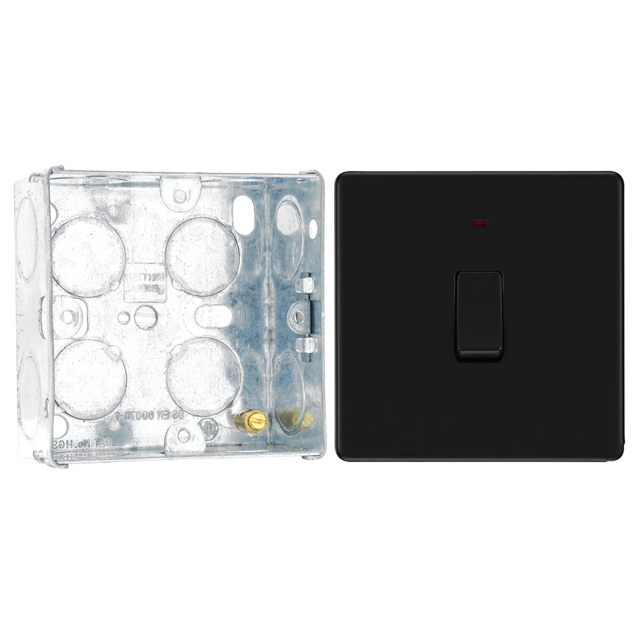 BG Screwless Matt Black 1 Gang 20A DP Neon Switch FFB31 with 35mm Steel Back Box
