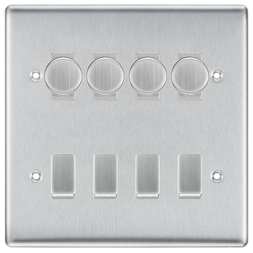 BG Nexus Brushed Steel 8 Gang Switch 4x Trailing Edge LED Dimmer, 2x Intermediate, 2x 2-Way Switch