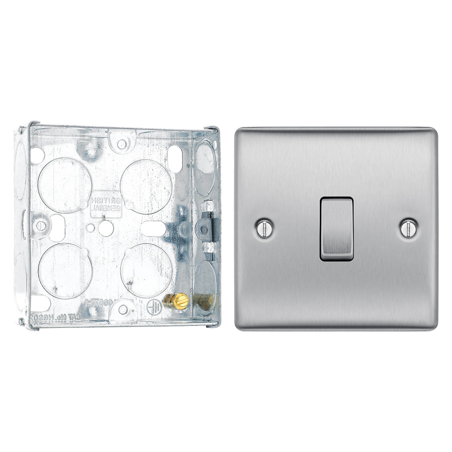 BG Nexus Brushed Steel 20A 2 Way Single Light Switch NBS12 with 25mm Steel Back Box
