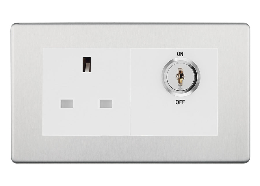 BG Screwless Brushed Steel 13A Double Pole Key Controlled Socket – White Inserts