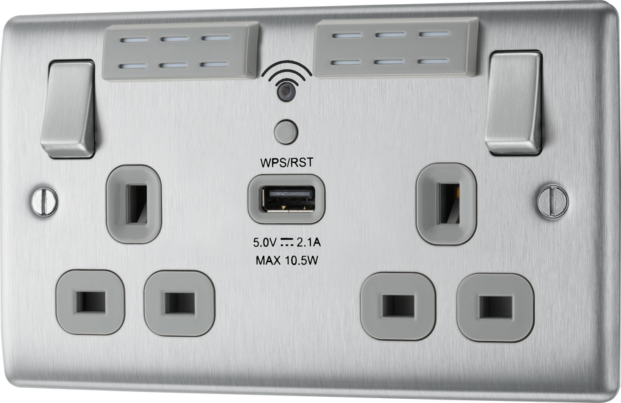 NBS24U44B Front - This 13A double power socket with integrated Wi-Fi Extender from British General will eliminate dead spots and extend your Wi-Fi coverage. Designed to work with all wireless broadband routers and easy to install with one touch WPS this includes a USB charging port.