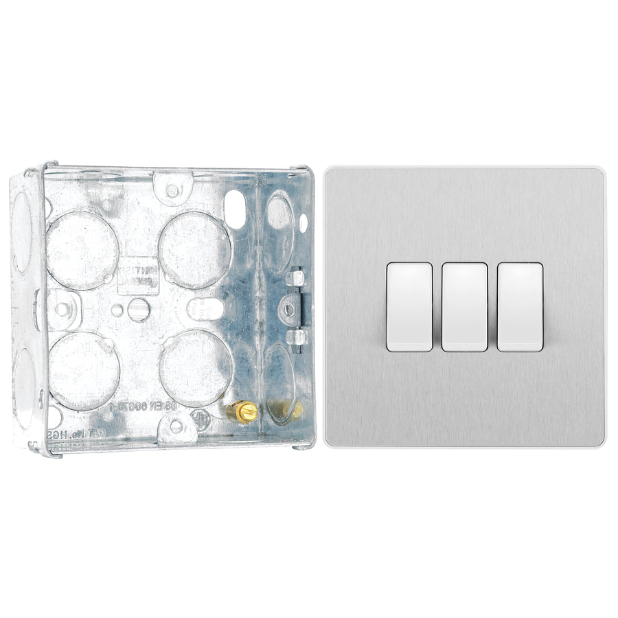 BG Evolve Brushed Steel 3 Gang 20A 16AX 2 Way Light Switch PCDBS43W with 35mm Steel Back Box