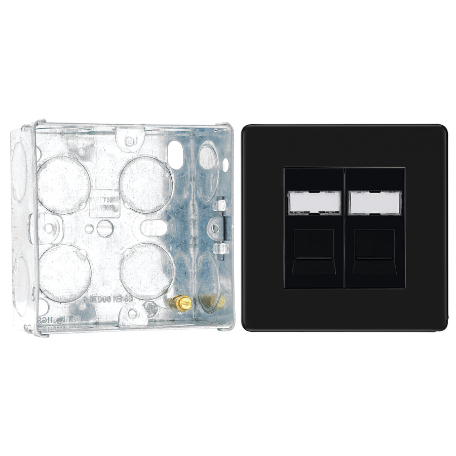 BG Screwless Matt Black RJ45 Double Telephone Socket FFBRJ452 with 35mm Steel Back Box
