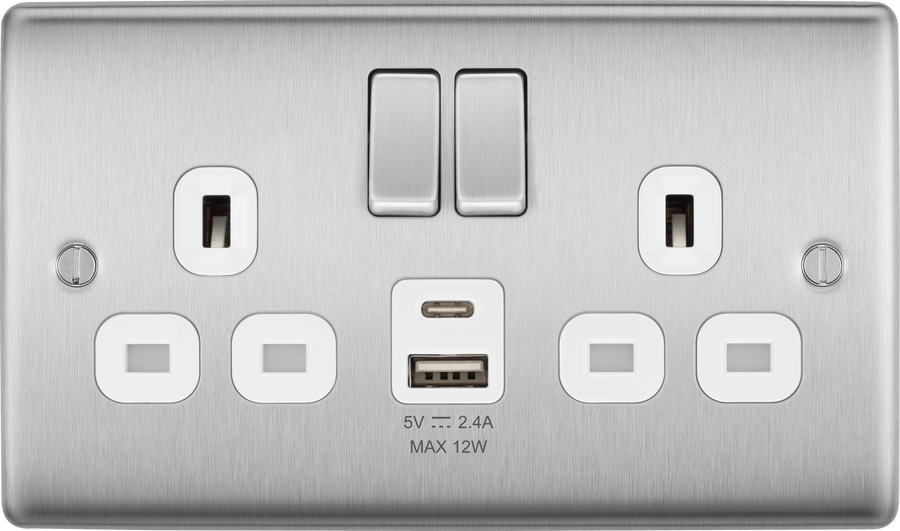 BG NBS22UAC12W Brushed Steel Double Socket with USB 12W Type A & C USB White Inserts