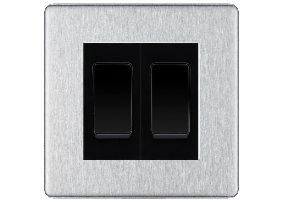 BG Screwless Brushed Steel 2-Gang Light Switch 1x 2-Way + 1x Intermediate – Black Inserts