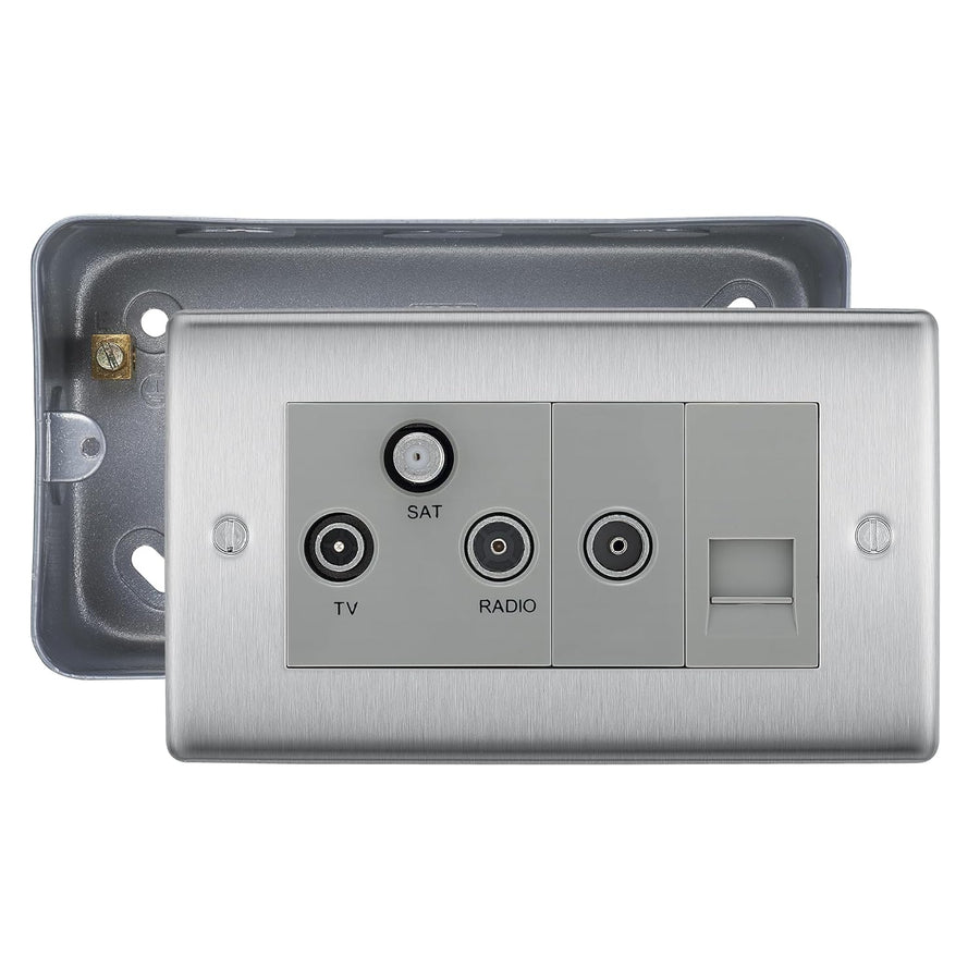 BG Nexus Brushed Steel Triplex TV/FM/Sat Socket + Return & Tel. with Surface Pattress Back Box