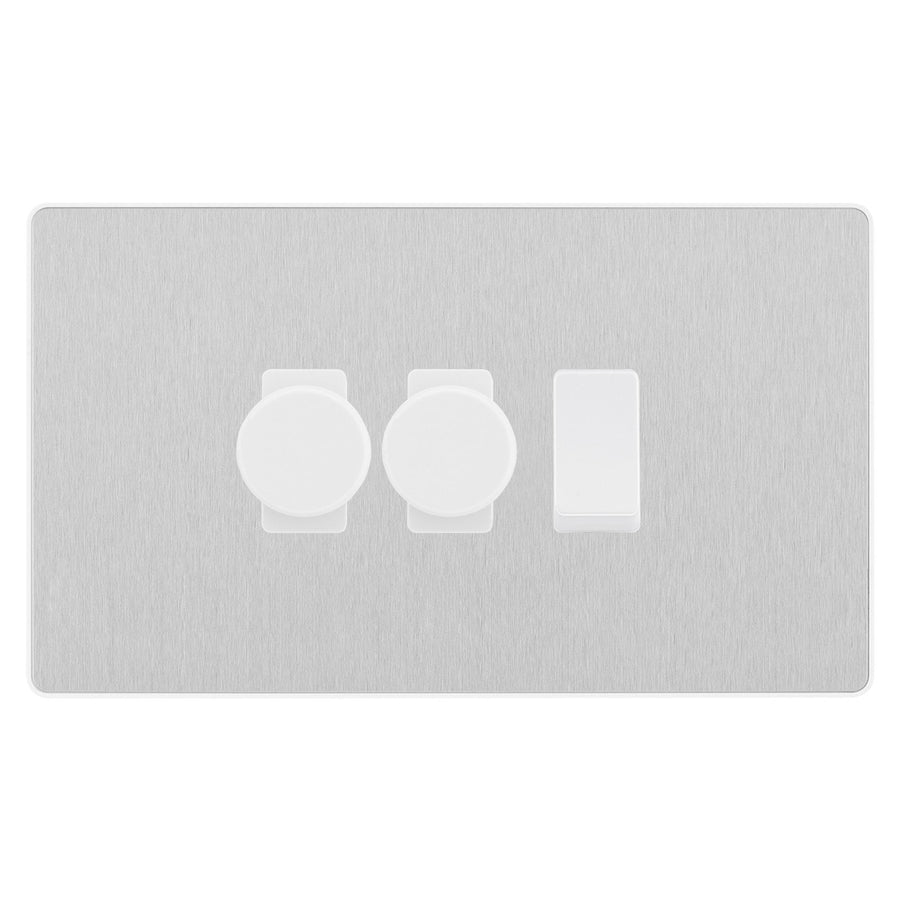 BG Evolve Brushed Steel 3 Gang Light Switch 2x Trailing Edge LED Dimmer 1x 2 Way Custom Switch