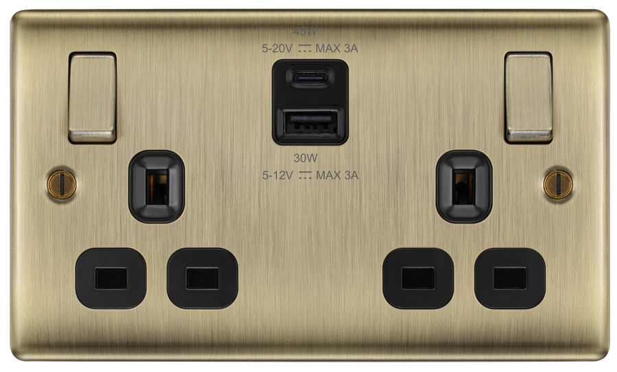 BG NAB22UAC45B Antique Brass Double Socket with USB 45W Type A & Type C USB