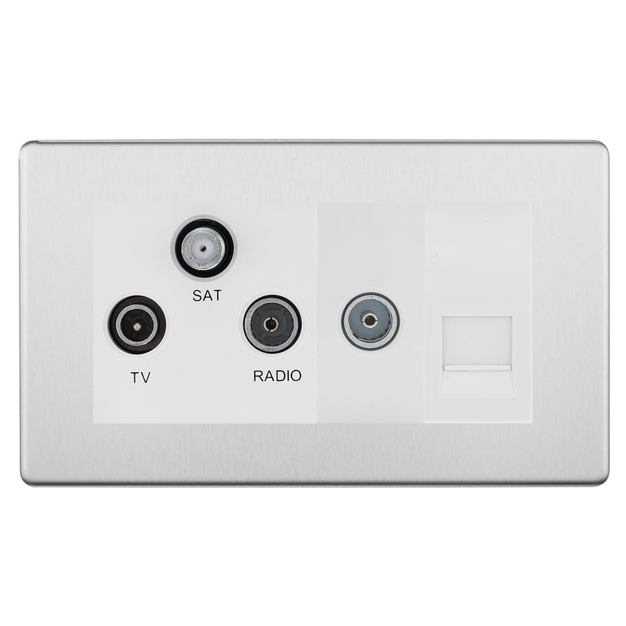 BG Screwless Brushed Steel TV/FM/SAT + Return & 1 Gang Tel - Screened Triplex Socket FBS68W