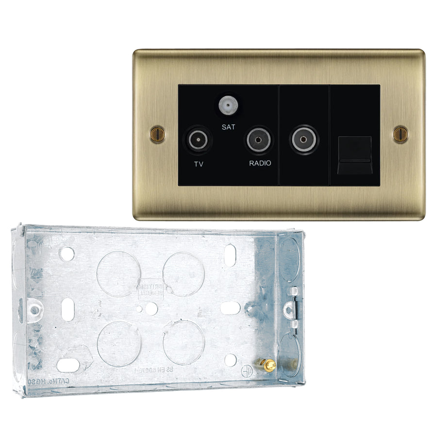 BG Nexus Antique Brass Triplex TV/FM/Sat Socket + Return & Tel. NAB68 with 25mm Steel Back Box