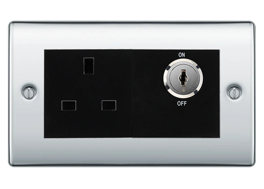 BG Nexus Polished Chrome 13A Double Pole Key Controlled Socket – Black Inserts