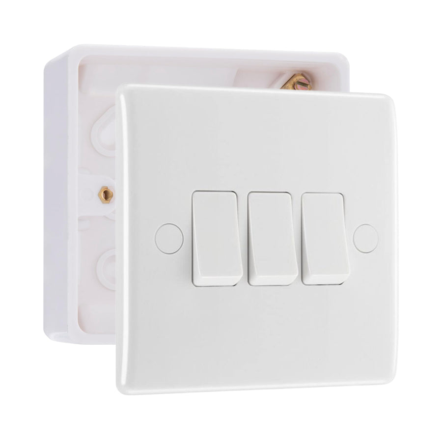 BG Nexus Triple Light Switch 3 Gang 10AX White & 32mm Pattress Back Box