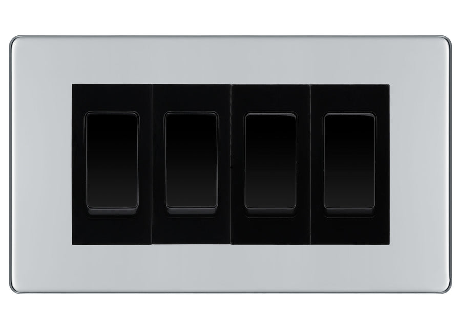 BG Polished Chrome Screwless 4 Gang Intermediate Light Switch Custom Grid - Black Insert