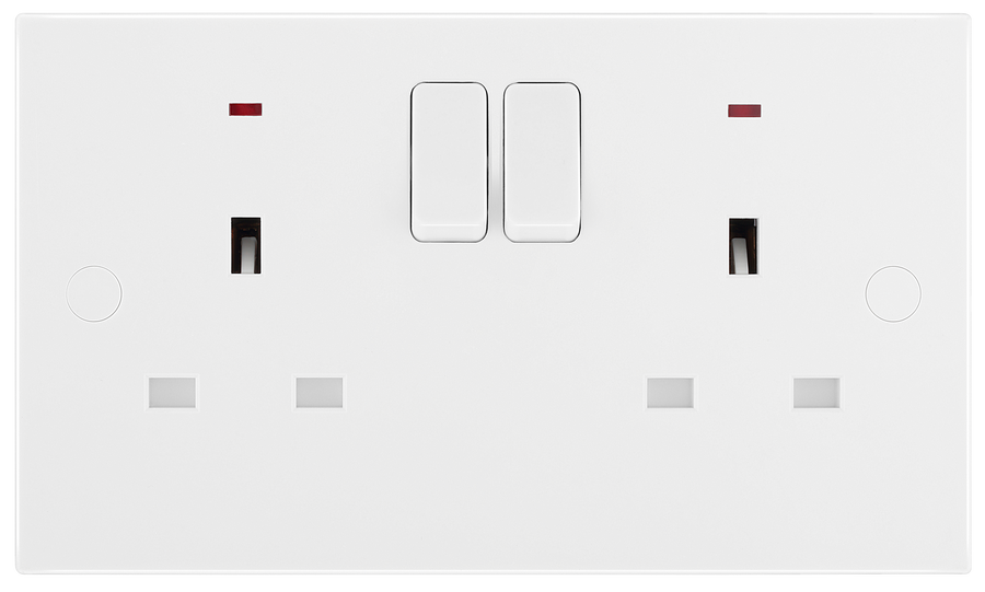 BG 926 Moulded Square Edge | White | 2 Gang 13A 1 Pole Neon Switched Socket