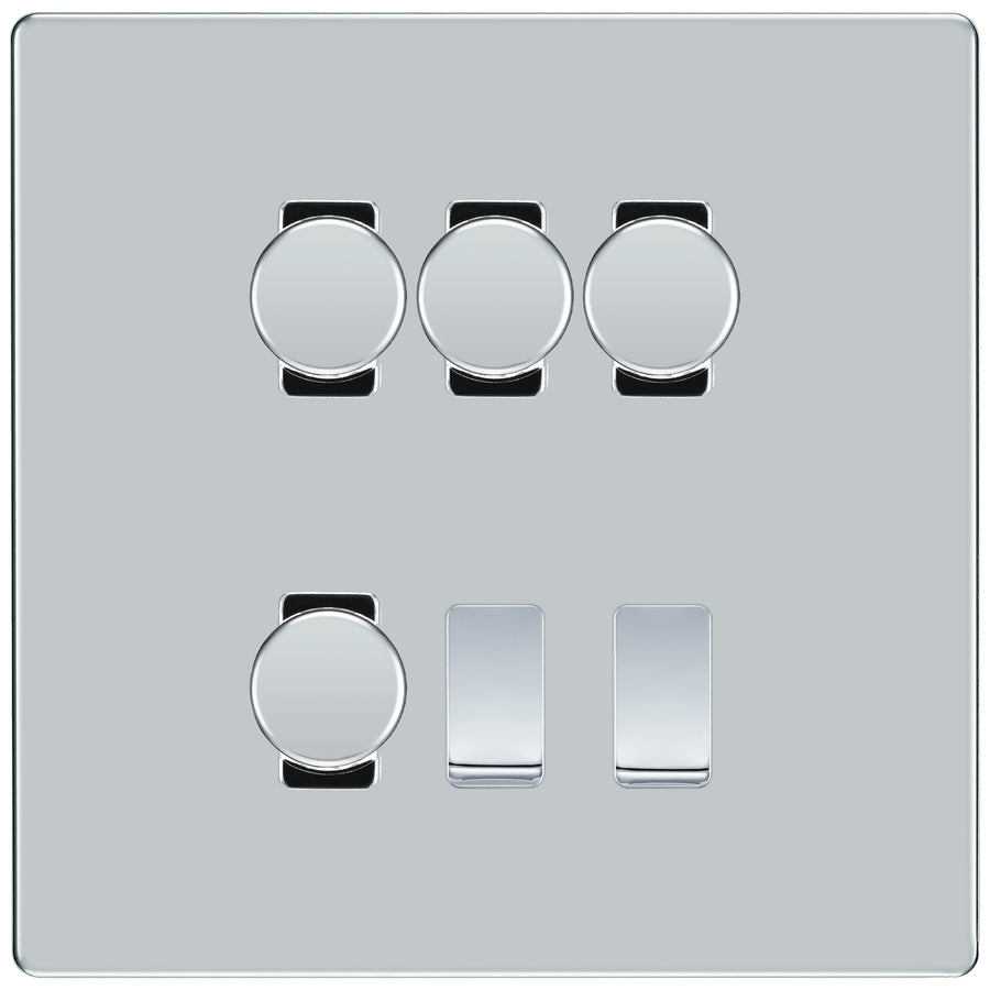 BG Screwless Polished Chrome 6 Gang Switch 4x Trailing Edge LED Dimmer 2x 2Way Custom Grid Switch