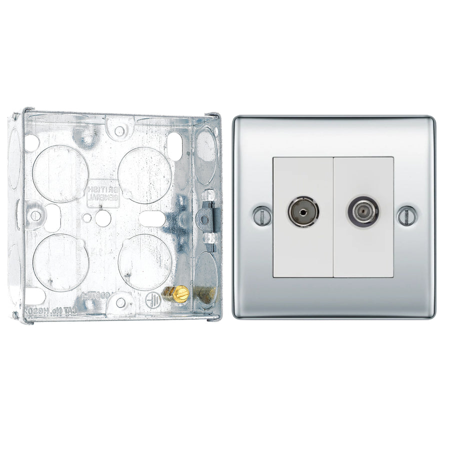 BG Nexus Polished Chrome Double 1x Co-Axial 1x Satellite Socket NPC65 with 25mm Steel Back Box