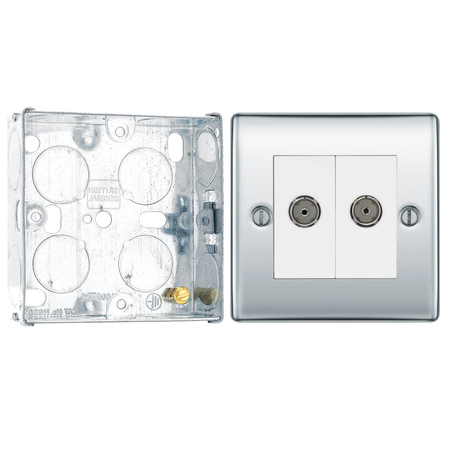 BG Nexus Polished Chrome Double Coaxial Socket NPC61 with 25mm Steel Back Box