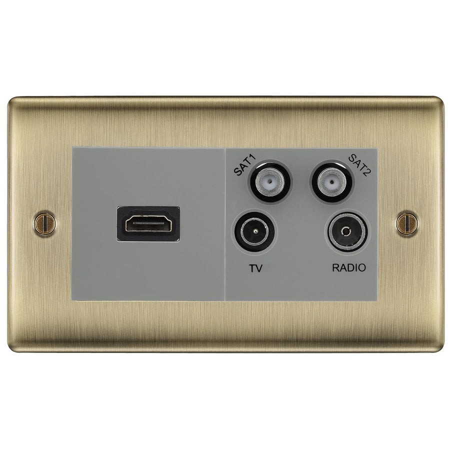 BG Nexus Antique Brass 4G Faceplate with HDMI + TV/FM/SAT Module - Grey Insert