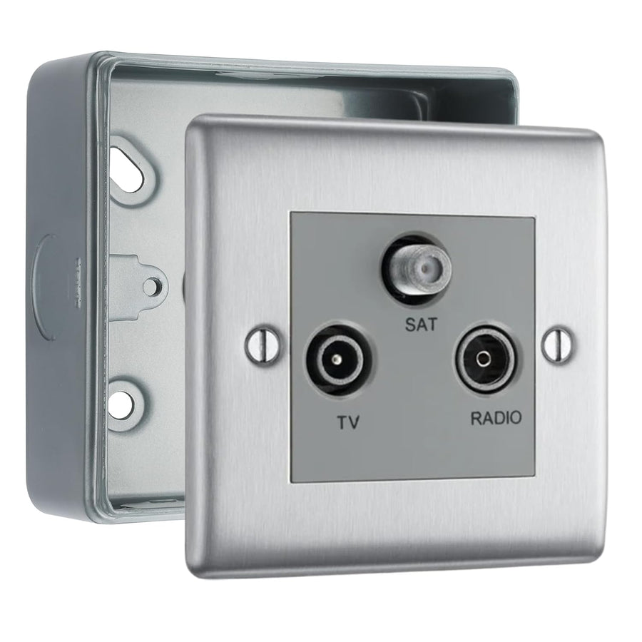 BG Nexus Brushed Steel Triplex TV/FM/Sat Socket & Surface Pattress Back Box
