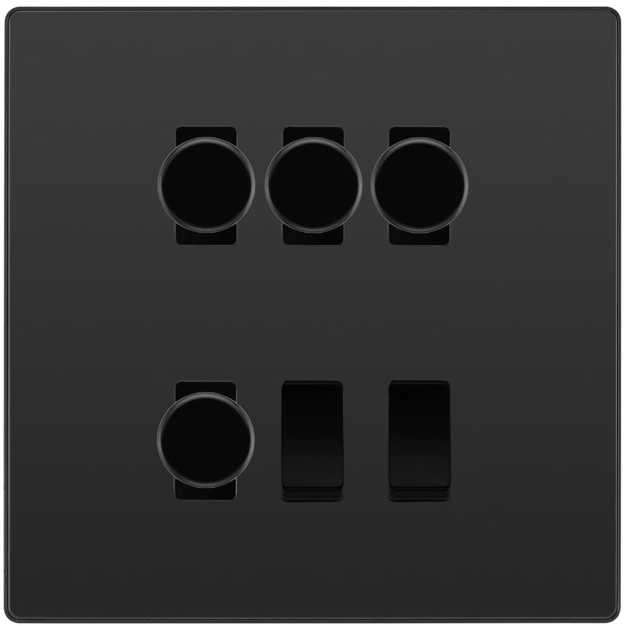 BG Evolve Black Chrome 6 Gang Switch 4x Trailing Edge LED Dimmer 2x Intermediate Custom Grid