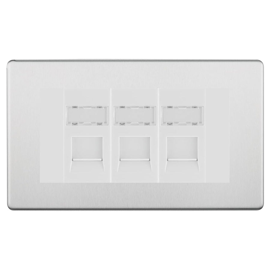 BG Screwless Brushed Steel 3 Gang RJ45 Cat6 Data Socket Outlet White Inserts