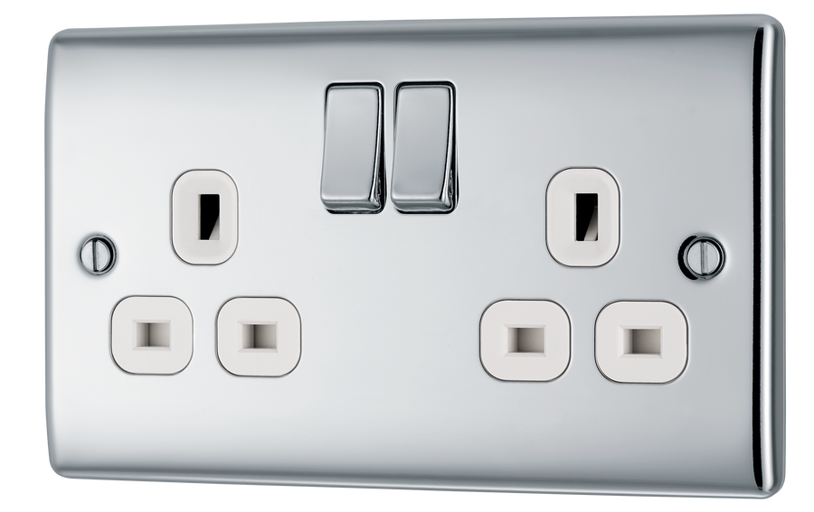 NPC22W Front - This polished chrome finish 13A double switched socket from British General has a sleek and slim profile, with softly rounded edges and no visible plastic around the switch to add a touch of luxury to your decor.