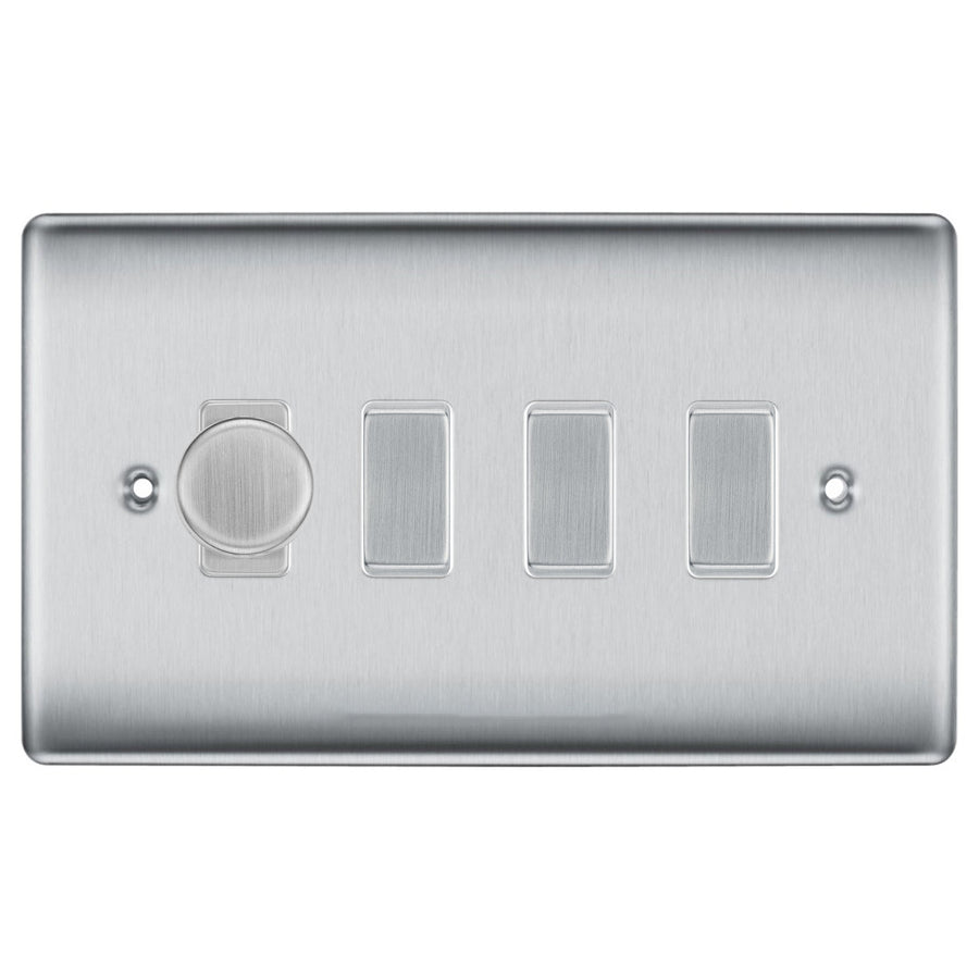 BG Nexus Brushed Steel 4 Gang Switch 1x Trailing Edge LED Dimmer 3x Intermediate Custom Grid Switch