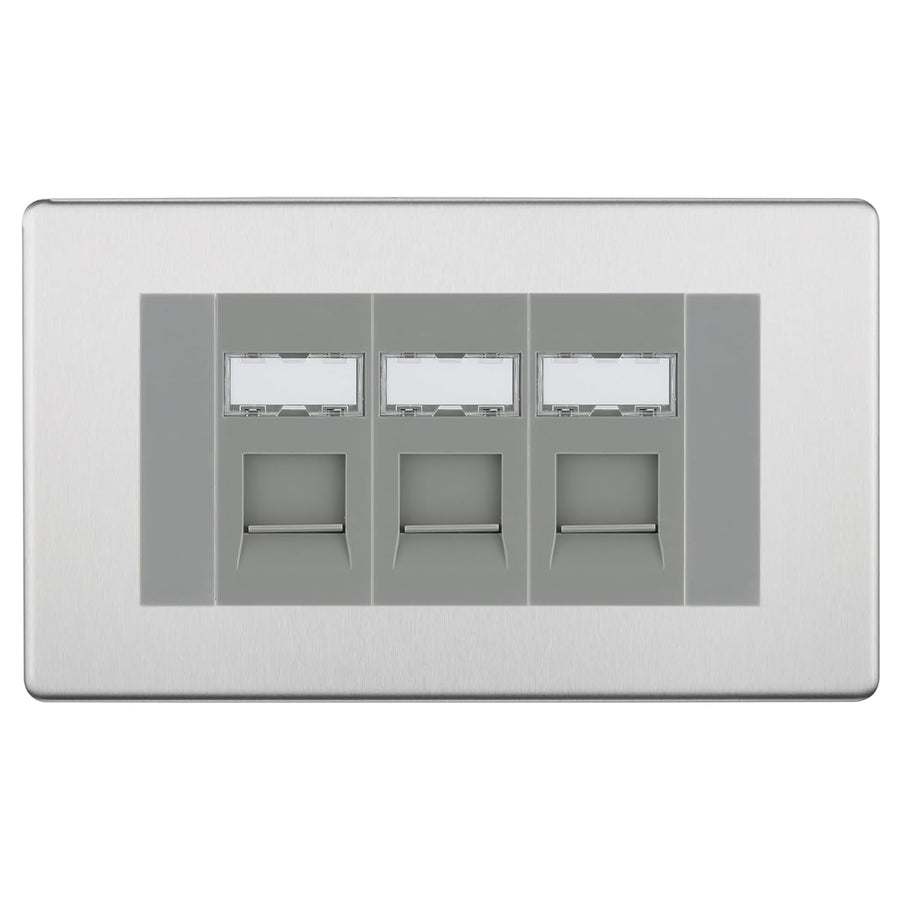 BG Screwless Brushed Steel 3 Gang RJ45 Cat6 Data Socket Outlet Grey Inserts